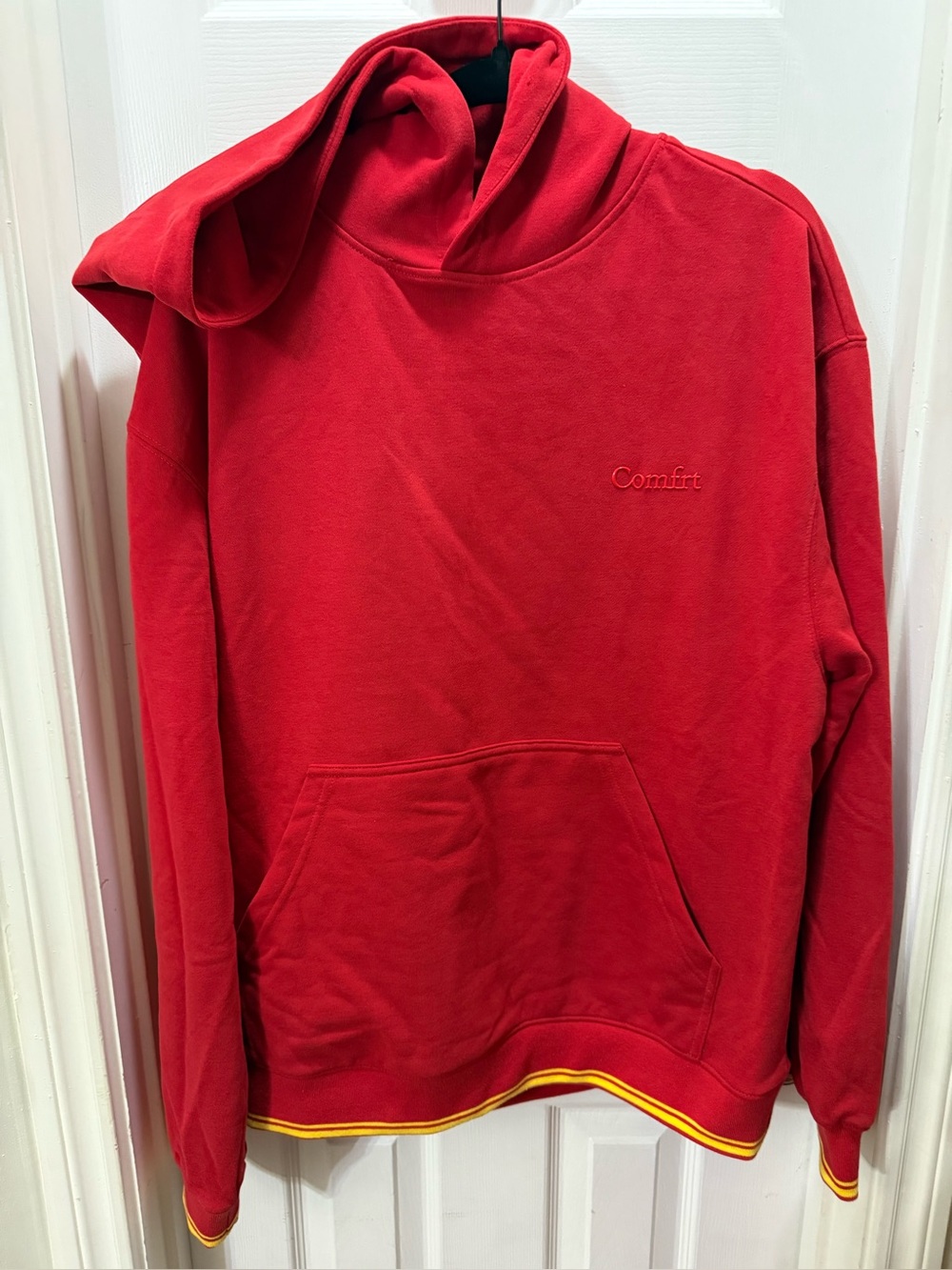 Comfrt  Red Hooded Sweatshirt with yellow Contrast Trim